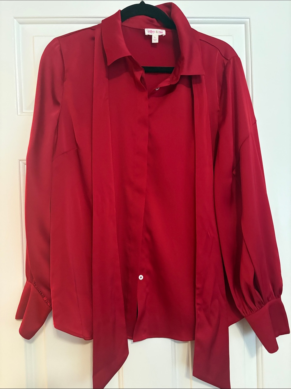 Riley & Rae Red Tie-Neck Button-Down Blouse